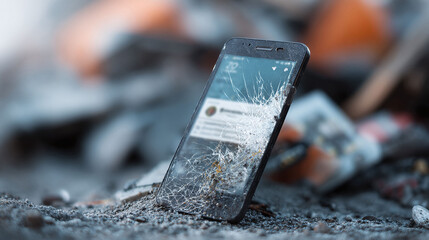 Lost connection. A broken smartphone lies amidst debris, symbolizing technology failure, accident, or digital detox. Use for themes of fragility, loss, or techs impact.