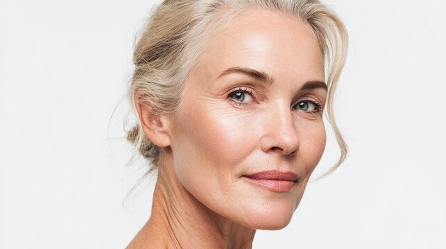 Attractive gorgeous mature older woman looking at camera isolated on white background advertising skincare spa treatment. Mid age tightening face skin care rejuvenation cosmetics concept. Portrait, n