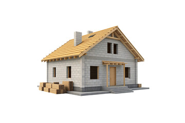 House with exposed wooden roof frame, gray block walls, concrete foundation, construction materials stacked around building, isolated on a transparent background