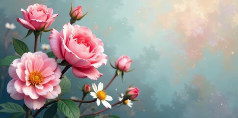 Fototapeta premium Loose, painterly style; faded blush roses & chamomile , soft floral, painting