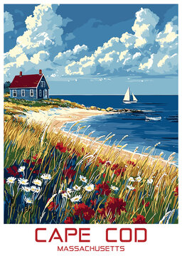 Cape Cod Vector Illustration, Coastal Landscape With House and Sailboat.