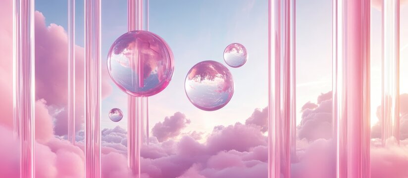 Soft pink cloudscapes with translucent spheres and vertical pillars