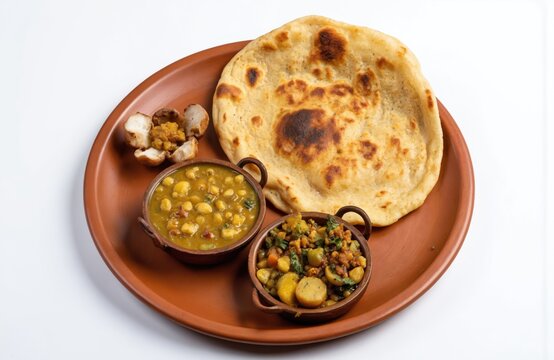 Bengali dish served with fried Luchi and sabzi on platter. Cholar dal and patol aloo vegetable receipe, chana grams. Indian, tasty, hot, delicious vegetarian homemade snack on plate for dinner.