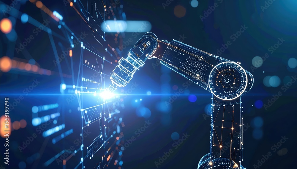 Poster advanced robotic arm technology with futuristic digital interface and glowing data connections repre