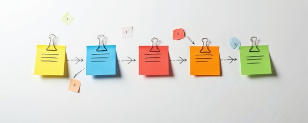 Colorful sticky notes attached to whiteboard illustrate workflow concept with arrows. Organisation planning sequence, process, structure. Creative idea brainstorming teamwork for business project
