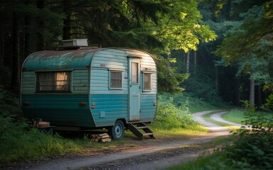 Fototapeta premium Vintage teal camper trailer parked on a dirt road in a sunlit forest
