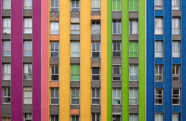 Facade of city building with colorful walls and rows of windows. Urban building has modern architecture. Generative AI wallpaper. Multicolored wall is residential apartment building exterior.