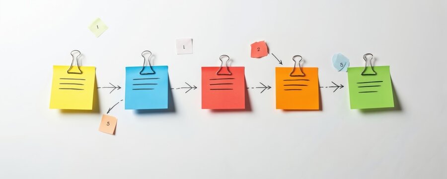 Colorful sticky notes attached to whiteboard illustrate workflow concept with arrows. Organisation planning sequence, process, structure. Creative idea brainstorming teamwork for business project - Powered by Adobe