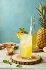 Fototapeta premium Fresh pineapple cocktail in glass with ice, mint. Summer cold drink. Tropical fruit juice, beverage. Yellow, refreshing. Natural raw diet. Tasty nourishment, smoothie. Exotic ripe lemon leaf. Vitamin