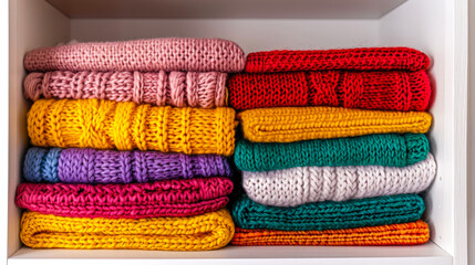 Warm knitted woolen sweaters are folded in neat piles on white wooden closet shelf for comfort and easy access. Colorful cozy winter clothes. Copy space for text.