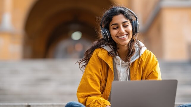 Young adult happy smiling Hispanic indian student wearing headphones talking on online chat meeting using laptop in university campus or at virtual office. College female student learning remotely., 