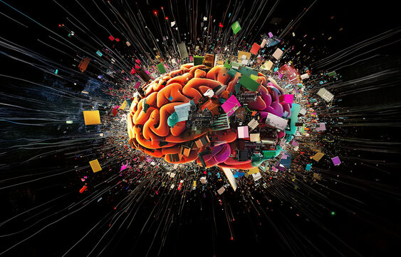 In the center is a colorful brain made of computer parts and exploding