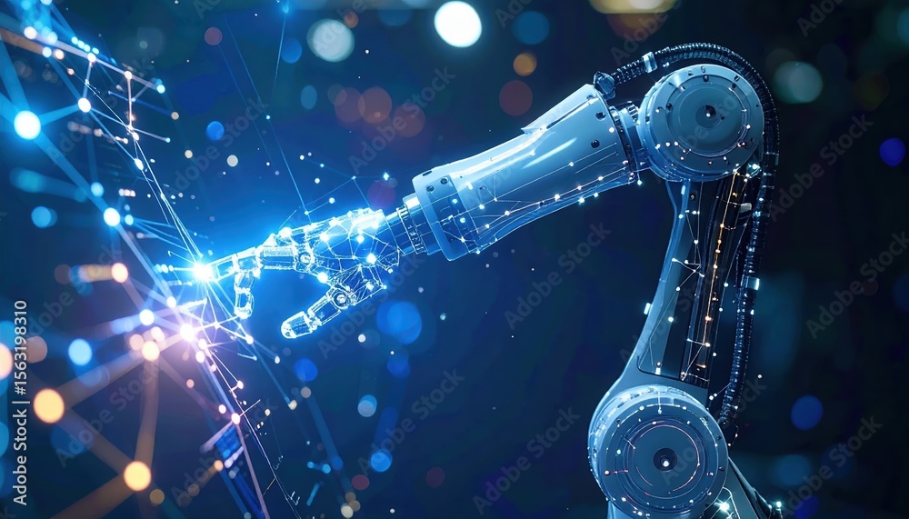 Poster advanced robotic arm technology with digital interconnected lines and glowing interface representing