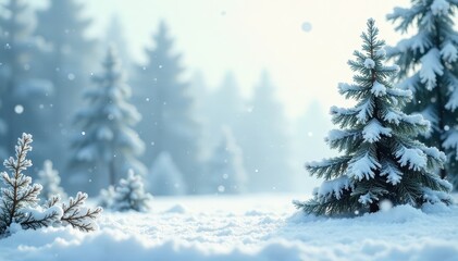 Obraz premium Snowy white wood backdrop, frosted fir, falling snow , december, wood