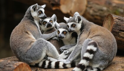 Ring-tailed lemurs huddle together for warmth on wooden surface. Group of lemurs displaying social behavior, bonding, creating heartwarming scene. Primates native to Madagascar endangered species in
