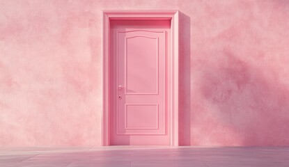 A single, vibrant pink door, framed by a matching pink wall. Sunlight casts soft shadows