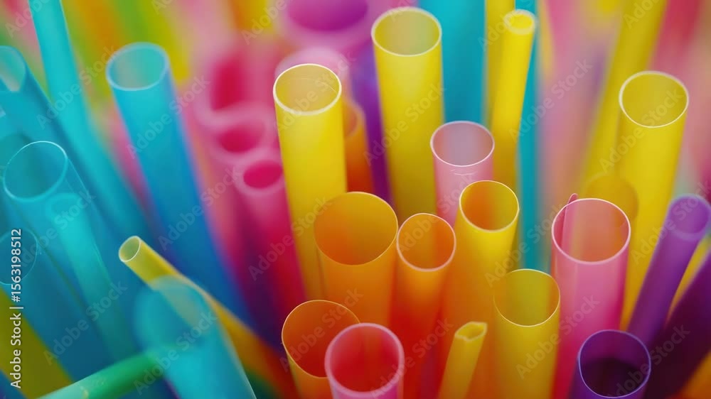 Poster a close-up view of a bunch of plastic drinking straws, useful for representing waste or pollution in