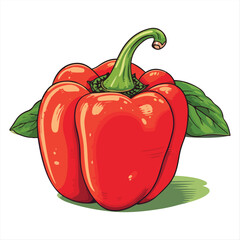 Vibrant Red Bell Pepper with Green Stem and Leaves