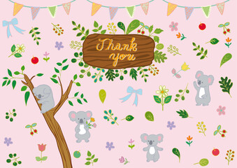 コアラと花と葉っぱと果物のフラット素材セット(手書き文字入り)1 Koala & Fruits & Leaves Flat Illustration Set with “Thank You” Text
