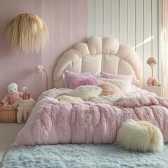 Comfortable sofa with plush pillows in a luxurious bedroom interior, perfect for home or hotel design and decor