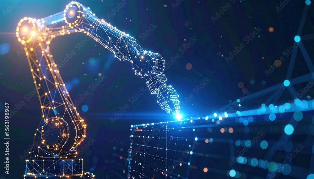 Poster advanced robotic arm in a futuristic high-tech environment with glowing digital interface and comple