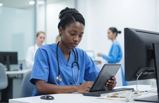 African American nurse checks schedule on digital tablet in medical office. Healthcare specialist works with tech at hospital desk. Woman wears stethoscope, uniform. Doctors on background, clinical