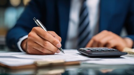 close up, business man or lawyer accountant working on accounts using a calculator and writing on documents, no logos, no brands