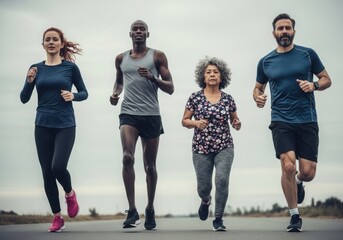 Diverse group of runners of different ages and ethnicities training together outdoors