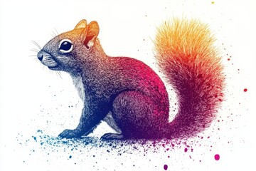 Colorful illustration of a squirrel with vibrant hues of orange, pink, and blue depicting its lively figure and bushy tail in an artistic style