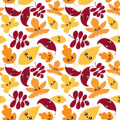 Colorful seamless vector pattern with kawaii autumn leaves. Adorable smiling fall foliage in red, orange, and yellow. Perfect for children’s products, textile, wrapping paper, and seasonal decor