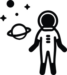 Black silhouette of a spaceman in a spacesuit looking towards a distant point