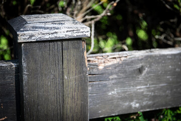 Weathered Wooden Fence Post with Peeling Paint in Natural Outdoor Setting