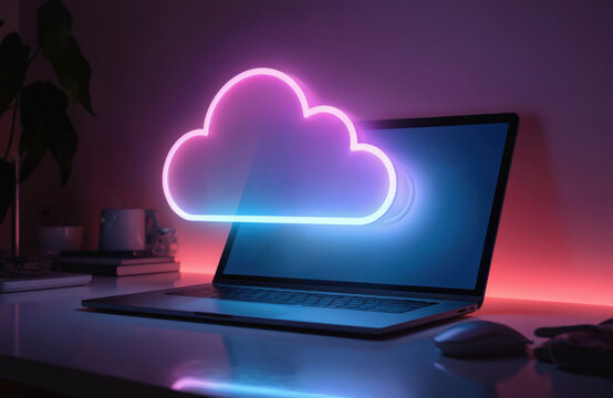 Cloud computing neon sign on laptop screen. Digital data storage, network, hosting service. Online database, server, cyberspace tech. Cloud shaped lamp. Information technology. Neon glow on dark