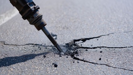 Road Jackhammer Breaking Asphalt Surface
