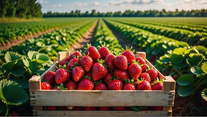 Close-up of a wooden crate filled with ripe strawberries, with a blurry agricultural field in the background. Natural produce and rural lifestyle.