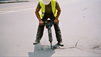 A construction worker in high-visibility gear and a safety vest operates an electric jackhammer while standing on asphalt, repairing cracks in the concrete road surface. Urban maintenance and labor.