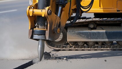 Asphalt hole-ramming machine in action creating an opening on the road. Heavy machinery, construction, and engineering.