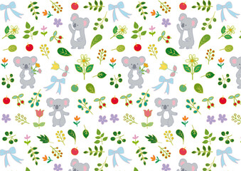 コアラと花と葉っぱと果物のフラットパターン2　Seamless Pattern with  Koala & Fruits & Leaves Flat Illustration © kanichi