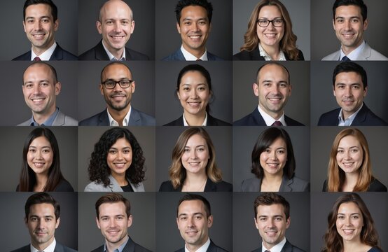 Headshots collage of many smiling diverse business people looking at camera. Multiethnic men, women in formal wear portraits. Confident entrepreneurs, office workers team, staff. Multicultural