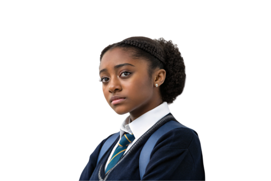 Young Black woman in school uniform, navy blazer, white shirt, striped tie, braided hair, serious expression, isolated on a transparent background