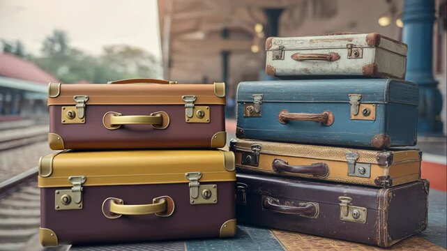 Vintage suitcases stacked on train station platform