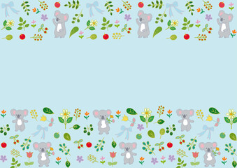 コアラと花と葉っぱと果物のフラットフレーム1 Koala & Fruits & Leaves Frame Flat Illustration