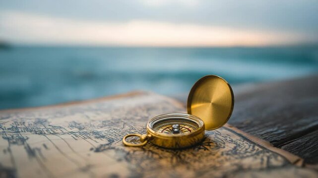 Antique compass on a vintage map by the sea