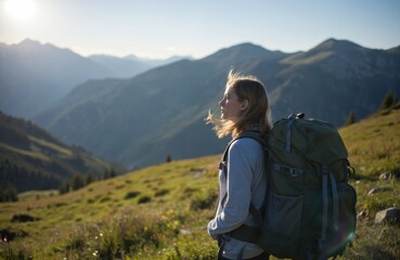 Naklejka premium Young woman with backpack hiking in mountains. Girl enjoys nature, landscape. Person looks at mountain range. Healthy lifestyle, travel, vacation, adventure. Hiker explores outdoor recreation.