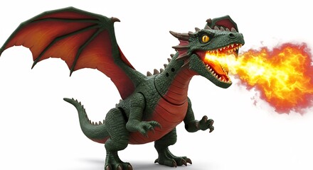 Fototapeta premium Fiery green dragon toy breathes vibrant flames isolated on white background. AI Generated