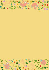 なまけものと葉っぱと果物のほのぼのフレーム 縦1 Cute Sloth and Fruits and Leaves Frame Flat Illustration
