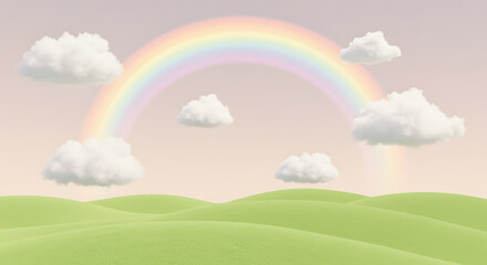 Pastel Landscape with Green Hills, Clouds and Soft Rainbow