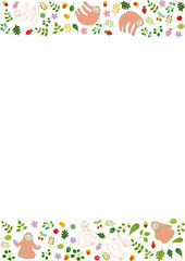 なまけものと葉っぱと果物のほのぼのフレーム 縦2 Cute Sloth and Fruits and Leaves Frame Flat Illustration
