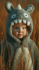 Child wearing furry animal costume in a field during golden hour with tall grass and warm sunlight