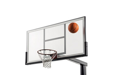 Basketball approaching hoop with clear backboard and white net on black pole support system, isolated on a transparent background